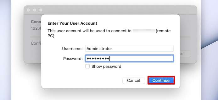 Usernameに「Administrator」を入力、Passwordに「Windowsイメージ作成時に入力したAdministratorパスワード」を入力します。最後に「Continue」をクリックします。