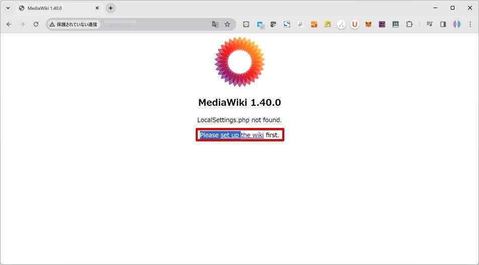 下記のようにMediaWikiの画面が表示されるので「set up the wiki」をクリックします。